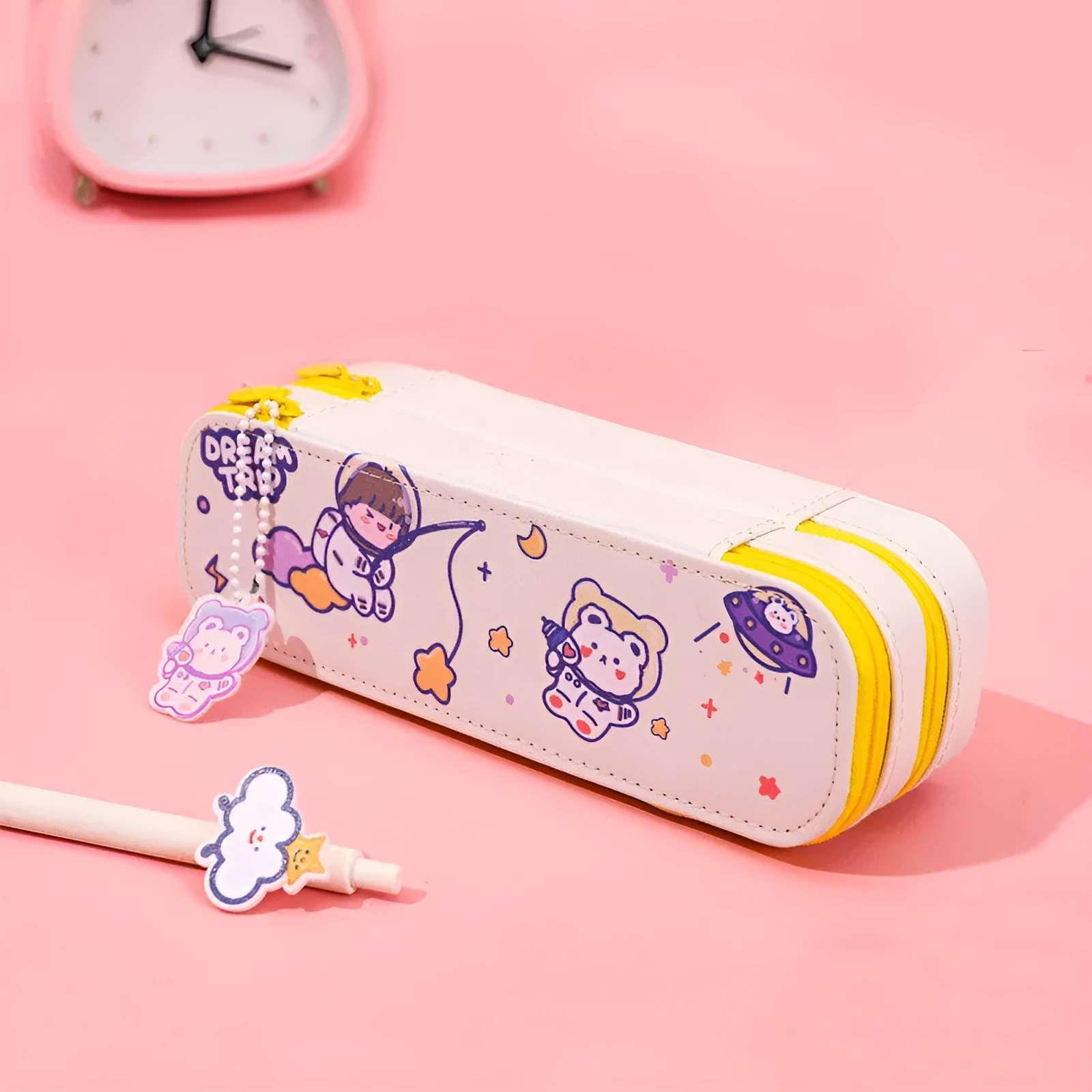 Ins cartoon double-layer PU pencil case with cute astronaut design, available in multiple colours and sizes S to XL