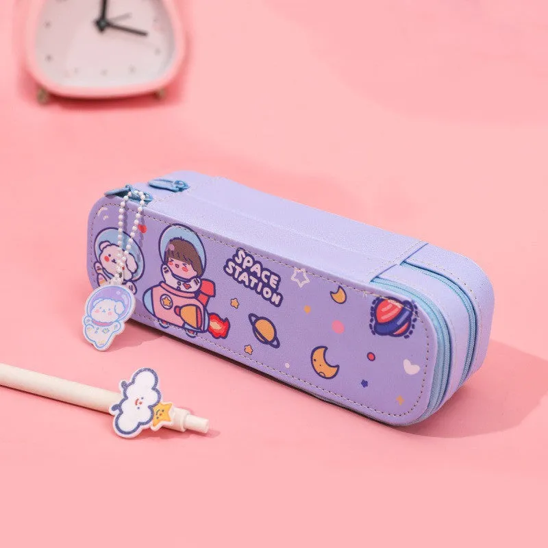 Ins cartoon double-layer PU pencil case with cute astronaut design, available in multiple colours and sizes S to XL