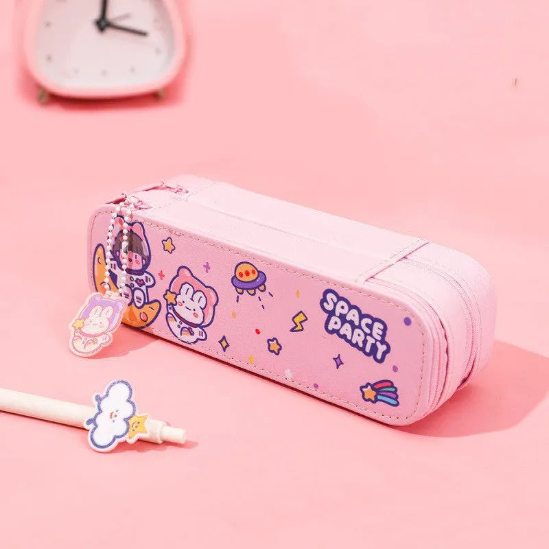 Ins cartoon double-layer PU pencil case with cute astronaut design, available in multiple colours and sizes S to XL