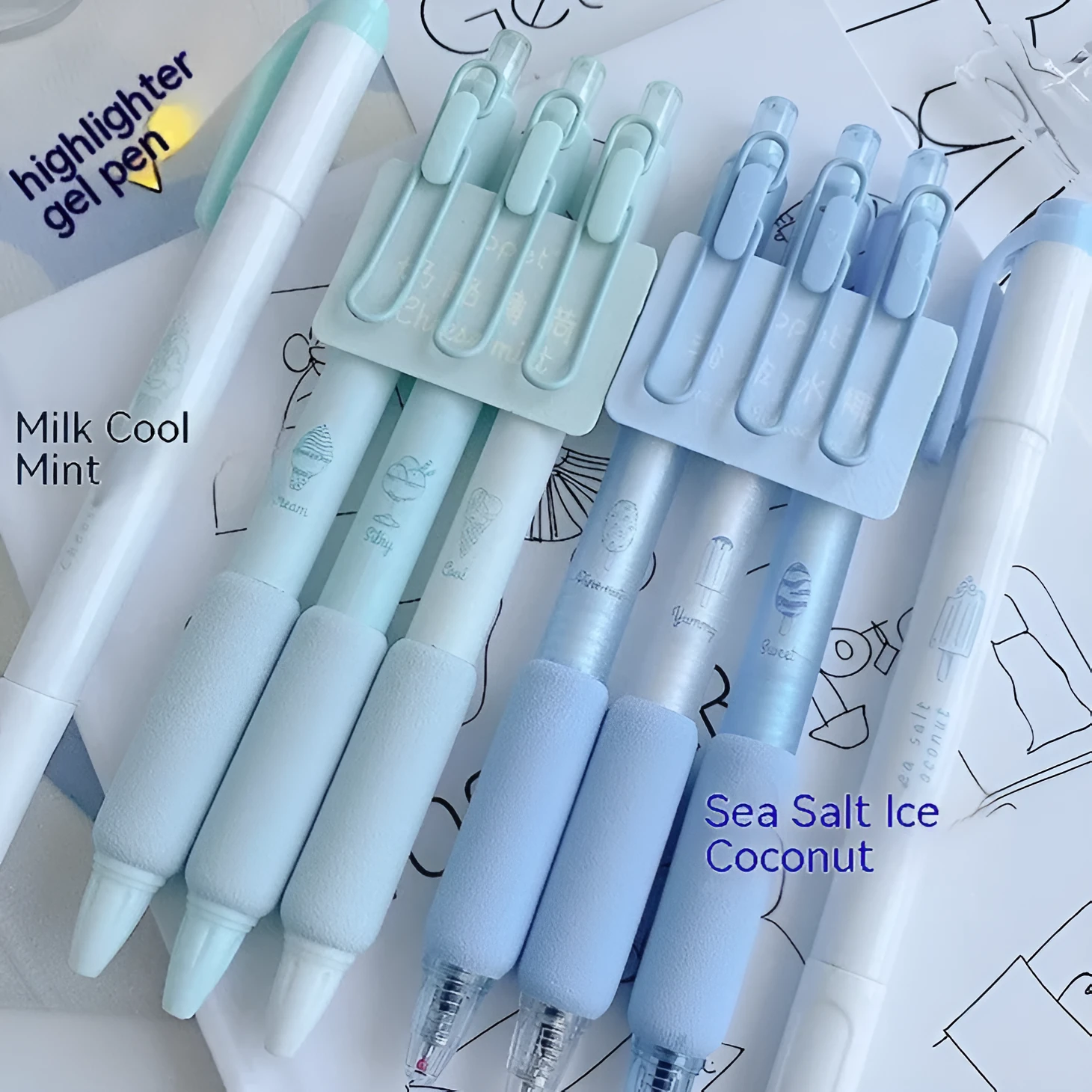 Four double-headed fluorescent calligraphy pens with 0.5mm tips for student practice.