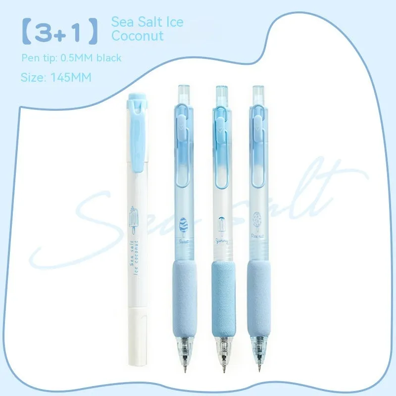 Four double-headed fluorescent calligraphy pens with 0.5mm tips for student practice.