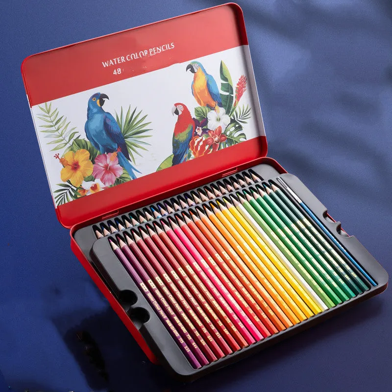 Water-soluble oil-based colour pencil drawing set in tin box with 36 colours displayed