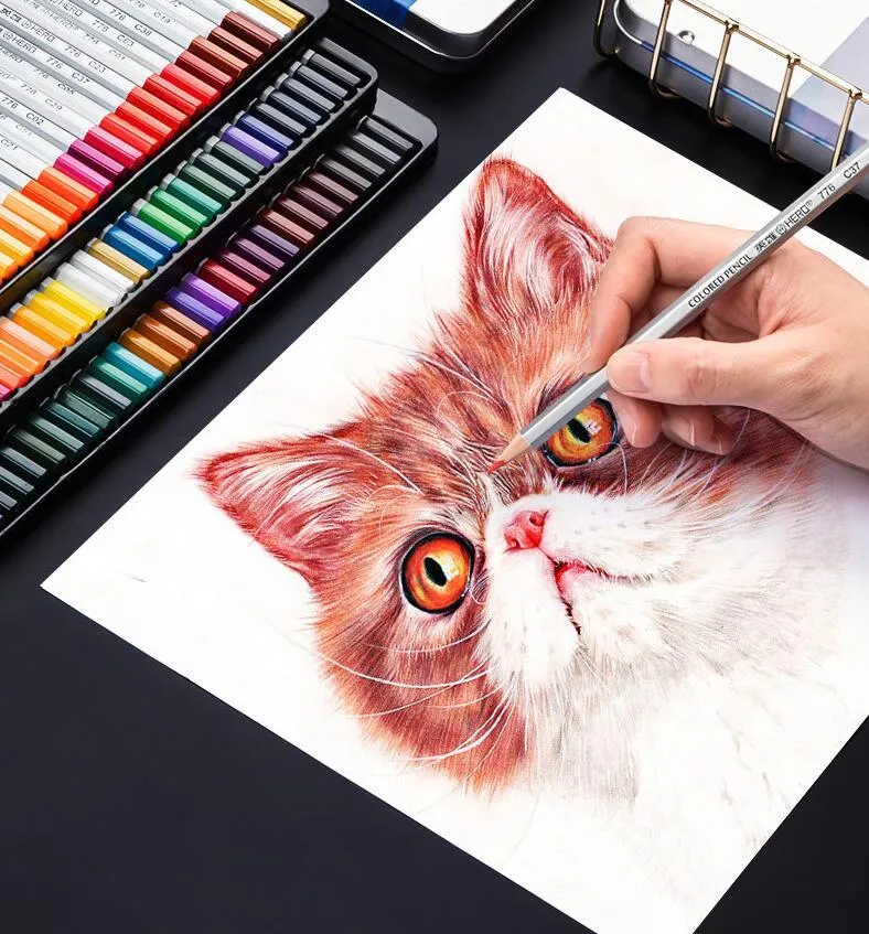 Water-soluble oil-based colour pencil drawing set in tin box with 36 colours displayed