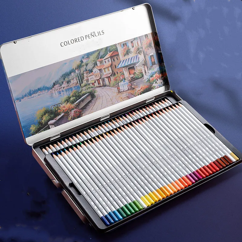 Water-soluble oil-based colour pencil drawing set in tin box with 36 colours displayed