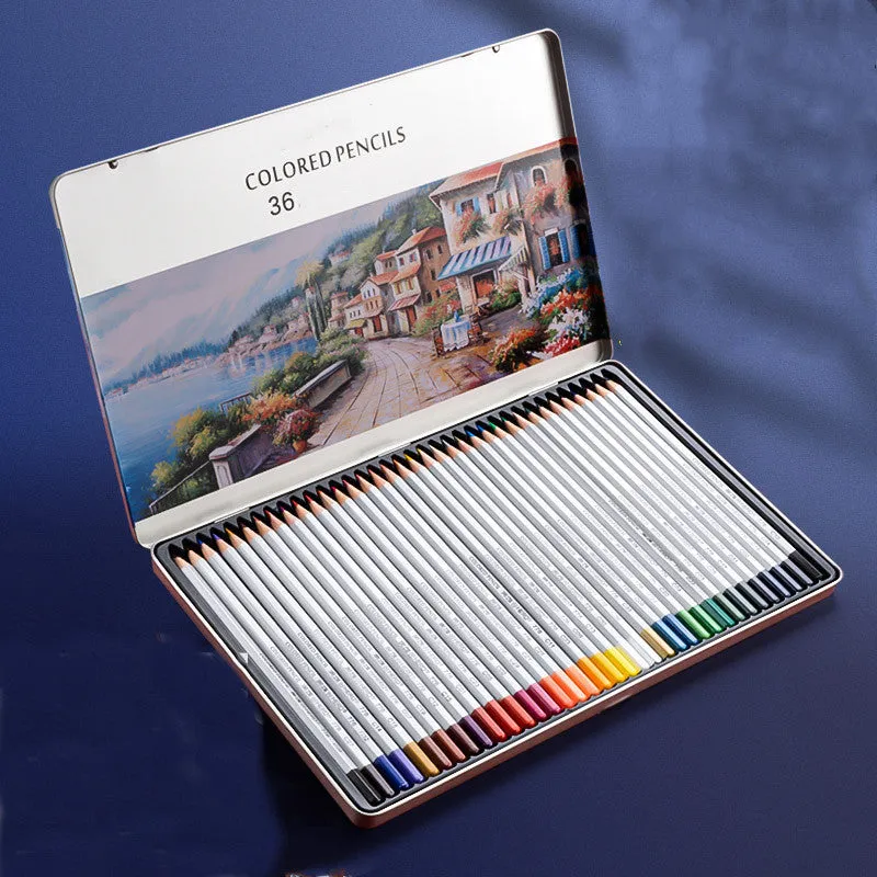 Water-soluble oil-based colour pencil drawing set in tin box with 36 colours displayed