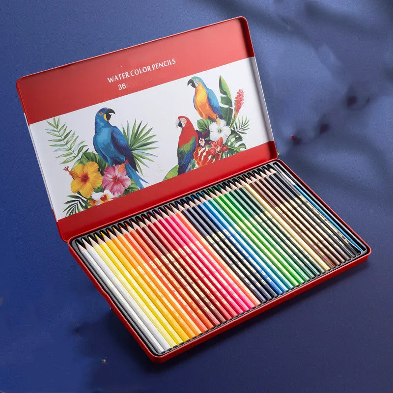 Water-soluble oil-based colour pencil drawing set in tin box with 36 colours displayed