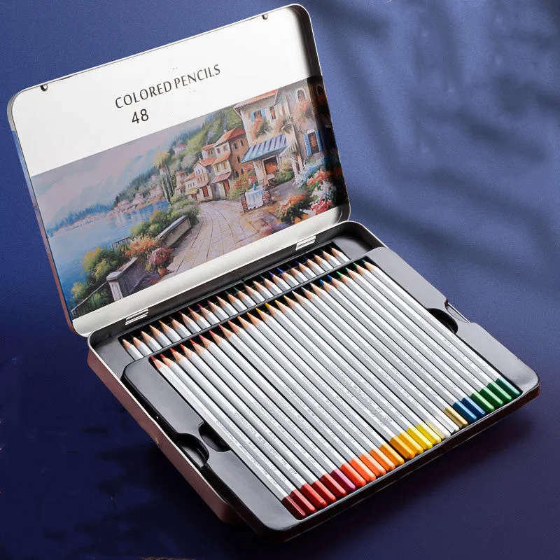 Water-soluble oil-based colour pencil drawing set in tin box with 36 colours displayed