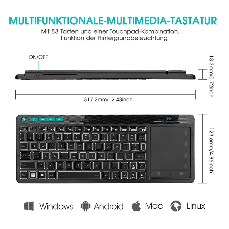 Black K18+ wireless multimedia keyboard with RGB backlighting and integrated touchpad
