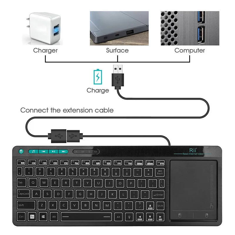 Black K18+ wireless multimedia keyboard with RGB backlighting and integrated touchpad