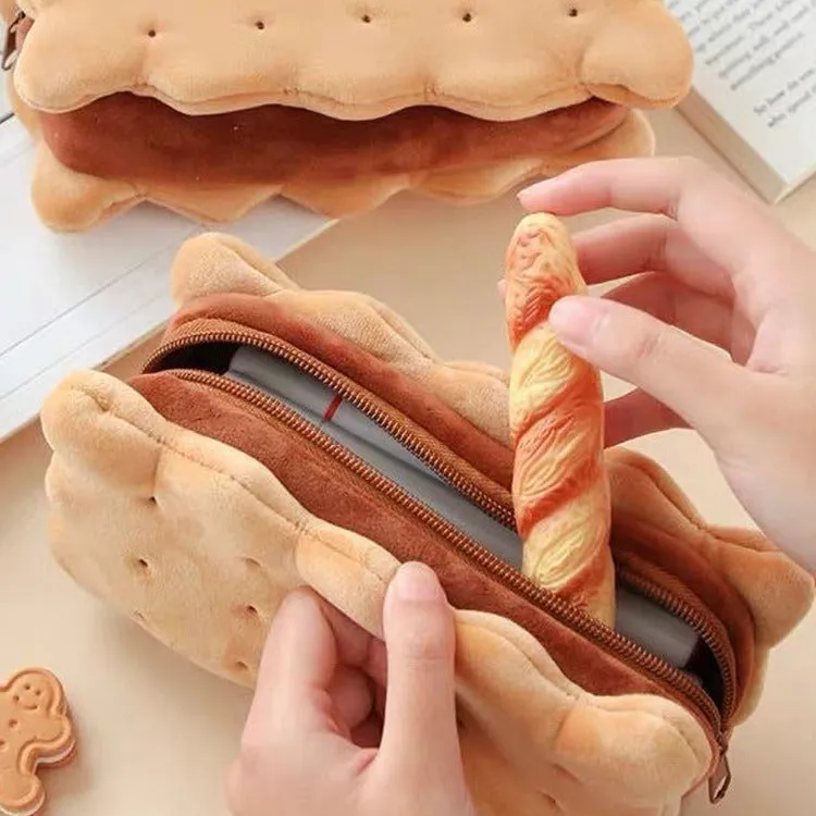 Sandwich biscuit plush pencil bag in cartoon style for pen storage