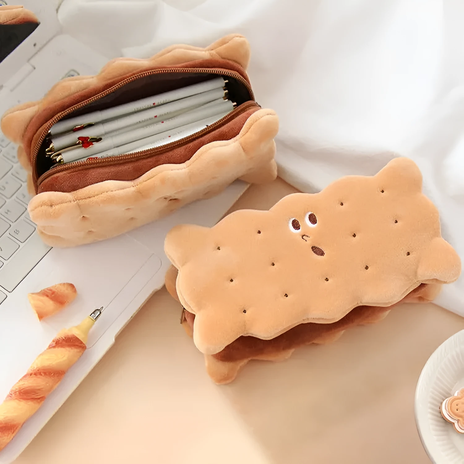 Sandwich biscuit plush pencil bag in cartoon style for pen storage