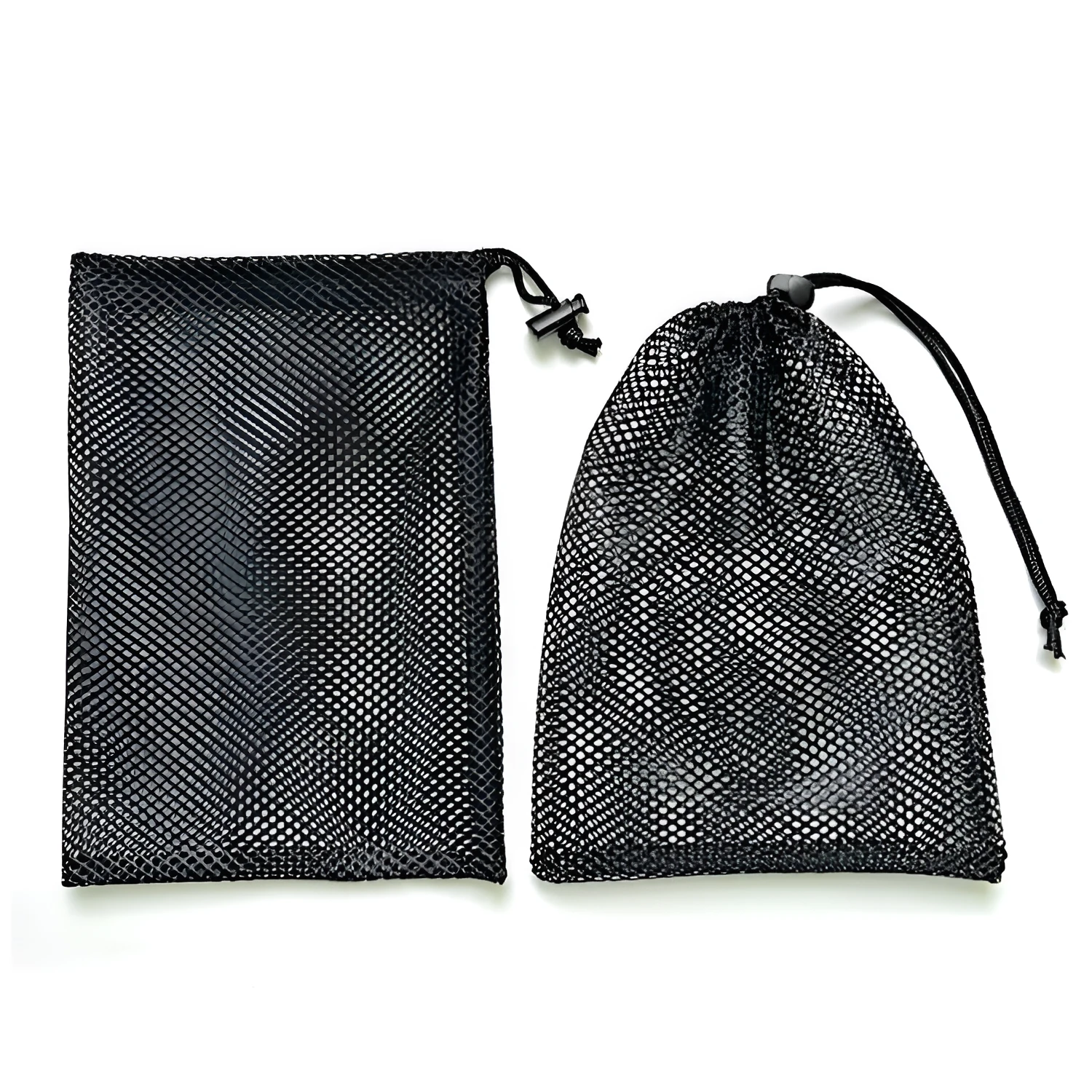 Black mesh drawstring storage bag with a 5mm grid, shown in three available sizes for children's water toys.