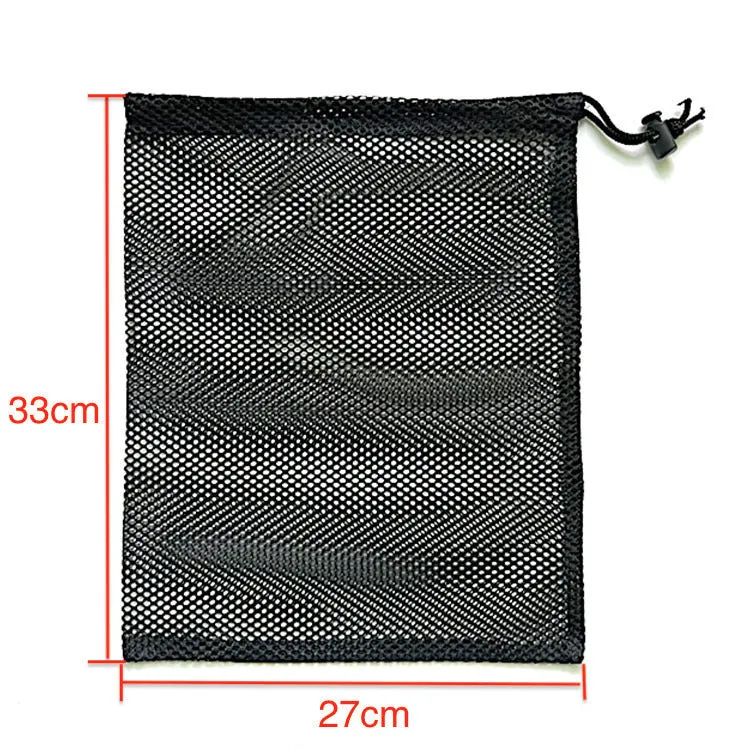 Black mesh drawstring storage bag with a 5mm grid, shown in three available sizes for children's water toys.