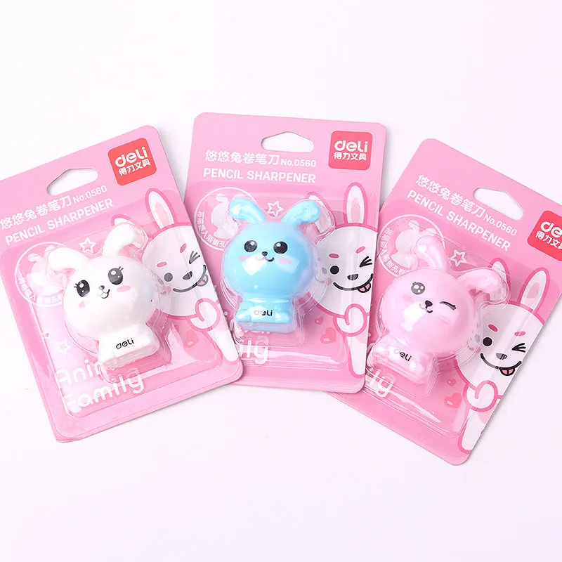 Mini cartoon pencil sharpener with random bunny design for children, plastic and metal construction