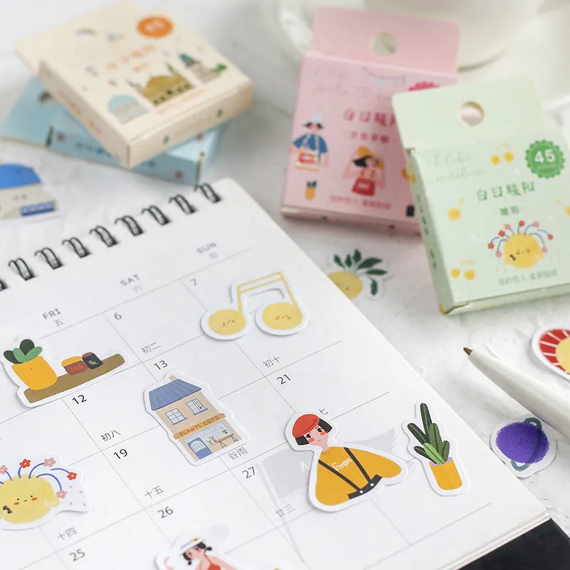 Cute cartoon sticker pack 45 pieces boxed with assorted patterns 43x43mm