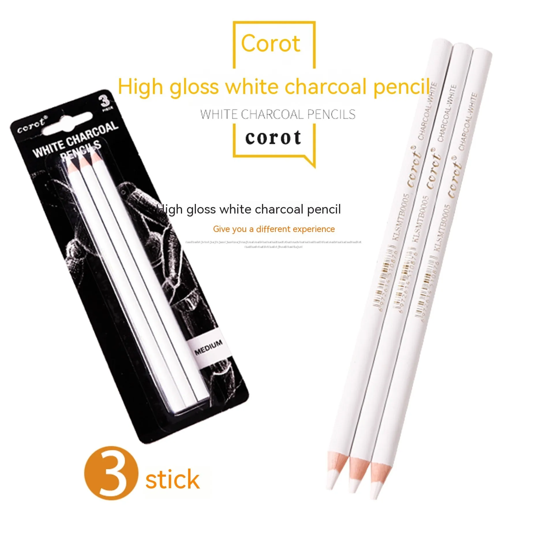 Set of three white charcoal pencils in wooden barrels for sketching on dark paper