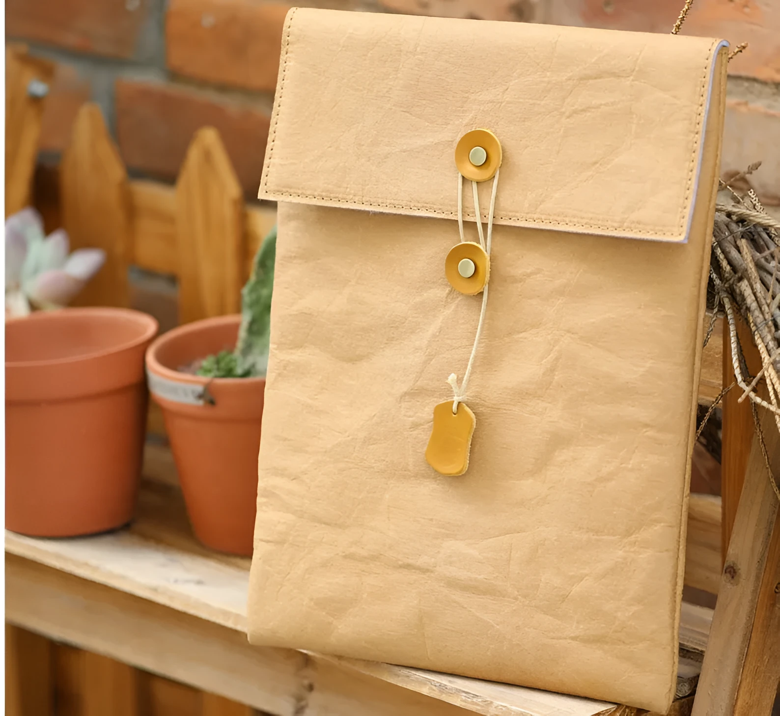Non-magnetic notebook computer bag liner in washed kraft paper, simple style, paper yellow colour, for 13-16 inch laptops