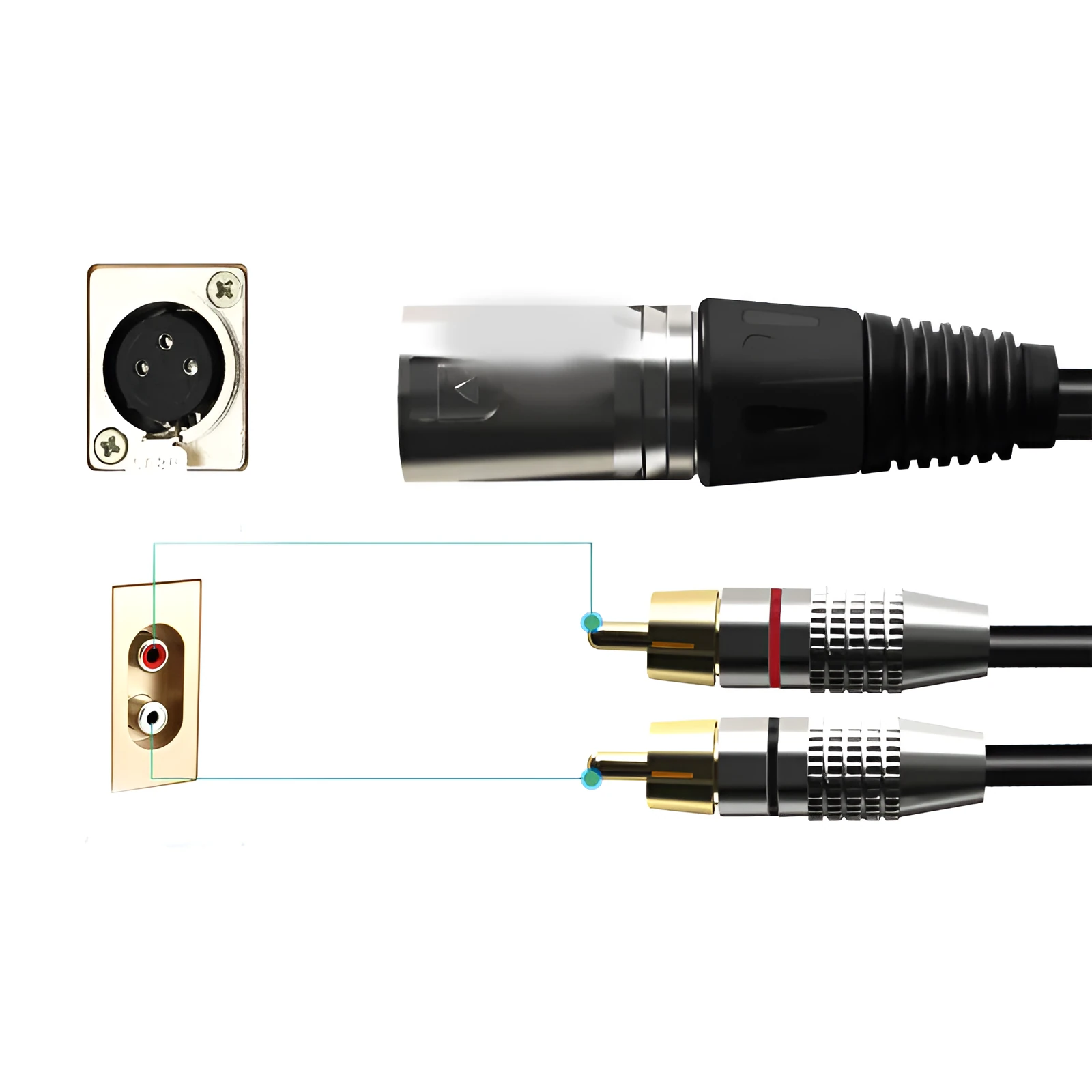 Canon XLR male to dual RCA lotus audio cable with PVC sheath, 3.5mm diameter