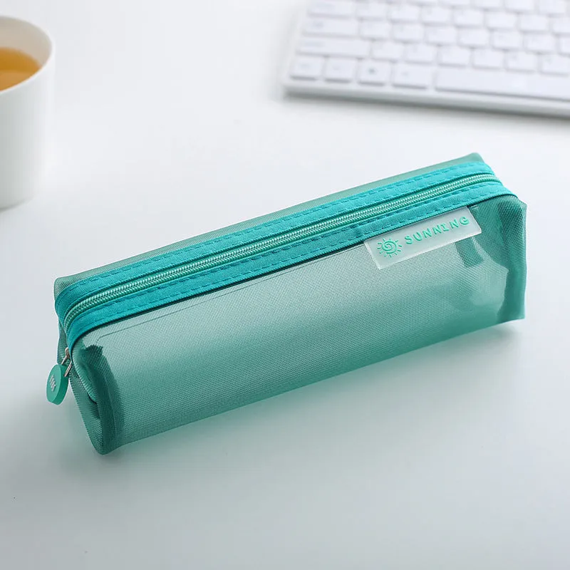 Transparent nylon mesh pencil case in square shape with smooth zipper, measuring 20.5x6x6.5cm