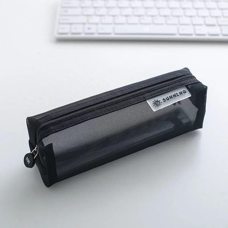 Transparent nylon mesh pencil case in square shape with smooth zipper, measuring 20.5x6x6.5cm