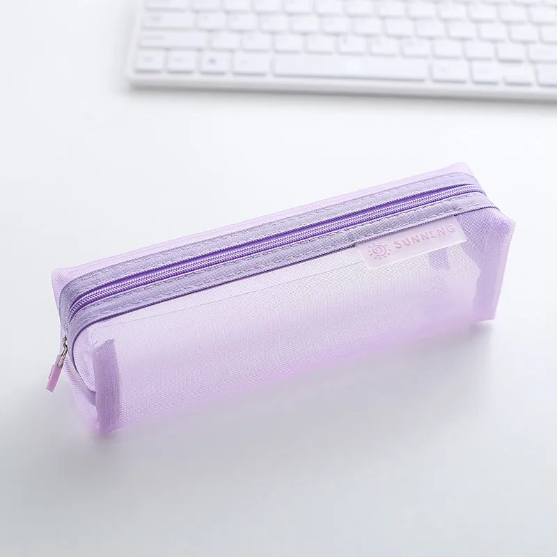 Transparent nylon mesh pencil case in square shape with smooth zipper, measuring 20.5x6x6.5cm