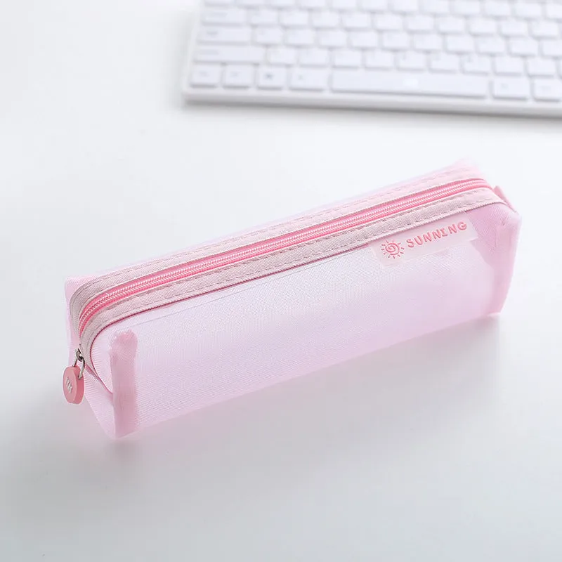 Transparent nylon mesh pencil case in square shape with smooth zipper, measuring 20.5x6x6.5cm