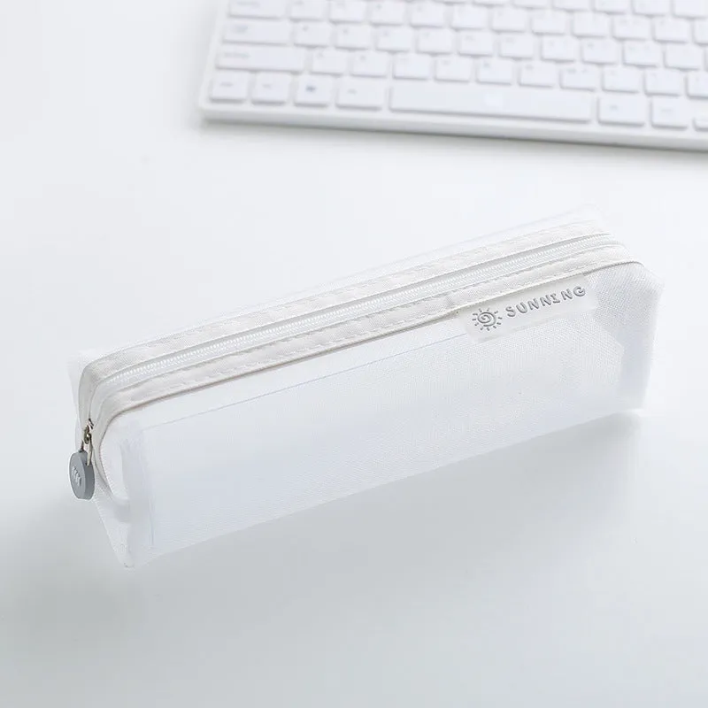 Transparent nylon mesh pencil case in square shape with smooth zipper, measuring 20.5x6x6.5cm