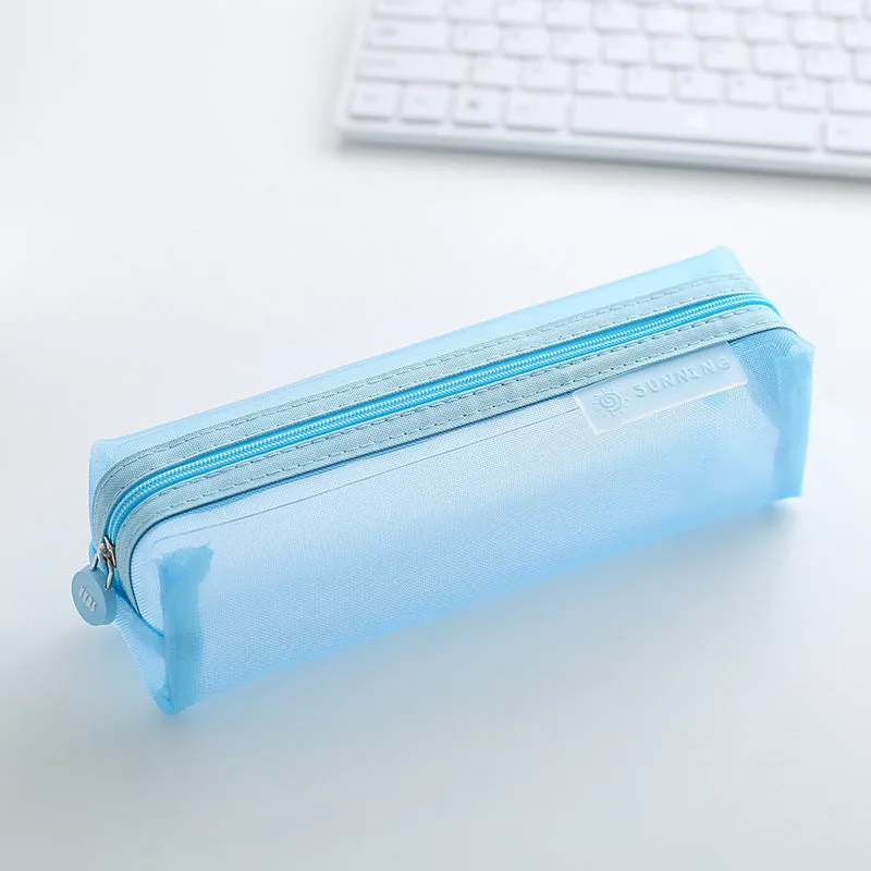 Transparent nylon mesh pencil case in square shape with smooth zipper, measuring 20.5x6x6.5cm