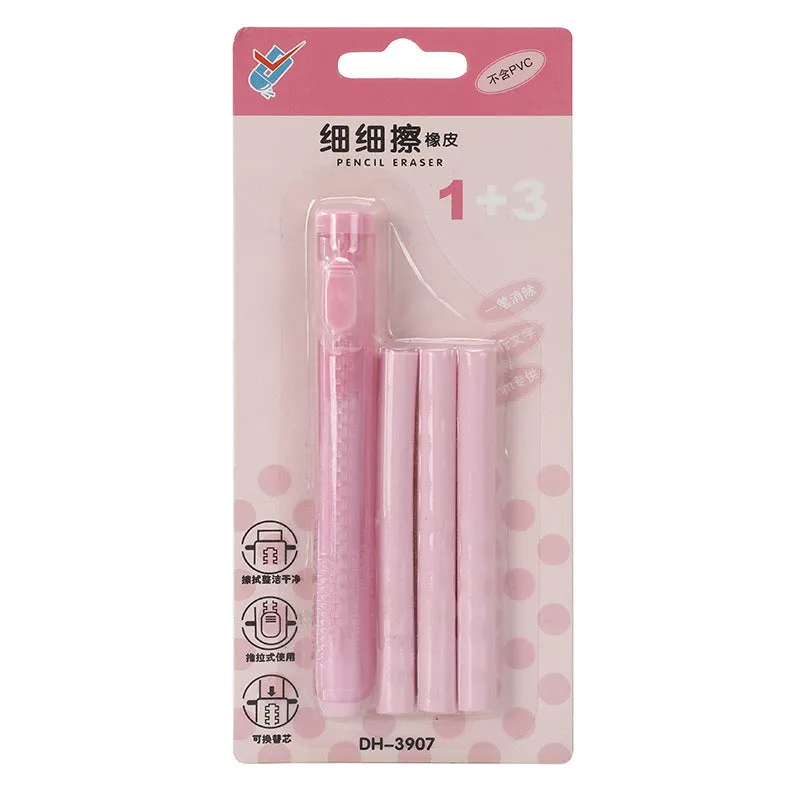 Push type automatic eraser in four colour options showing compact 12cm by 8cm rectangular design