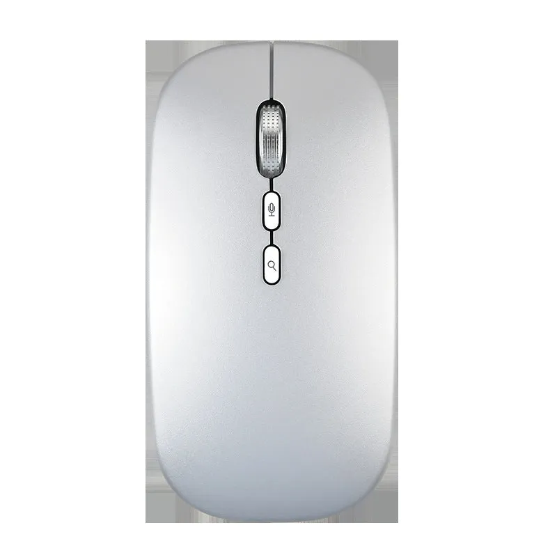 Silver intelligent voice mouse with voice typing translation and wireless charging on desk