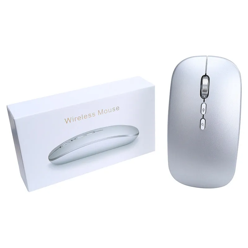 Silver intelligent voice mouse with voice typing translation and wireless charging on desk