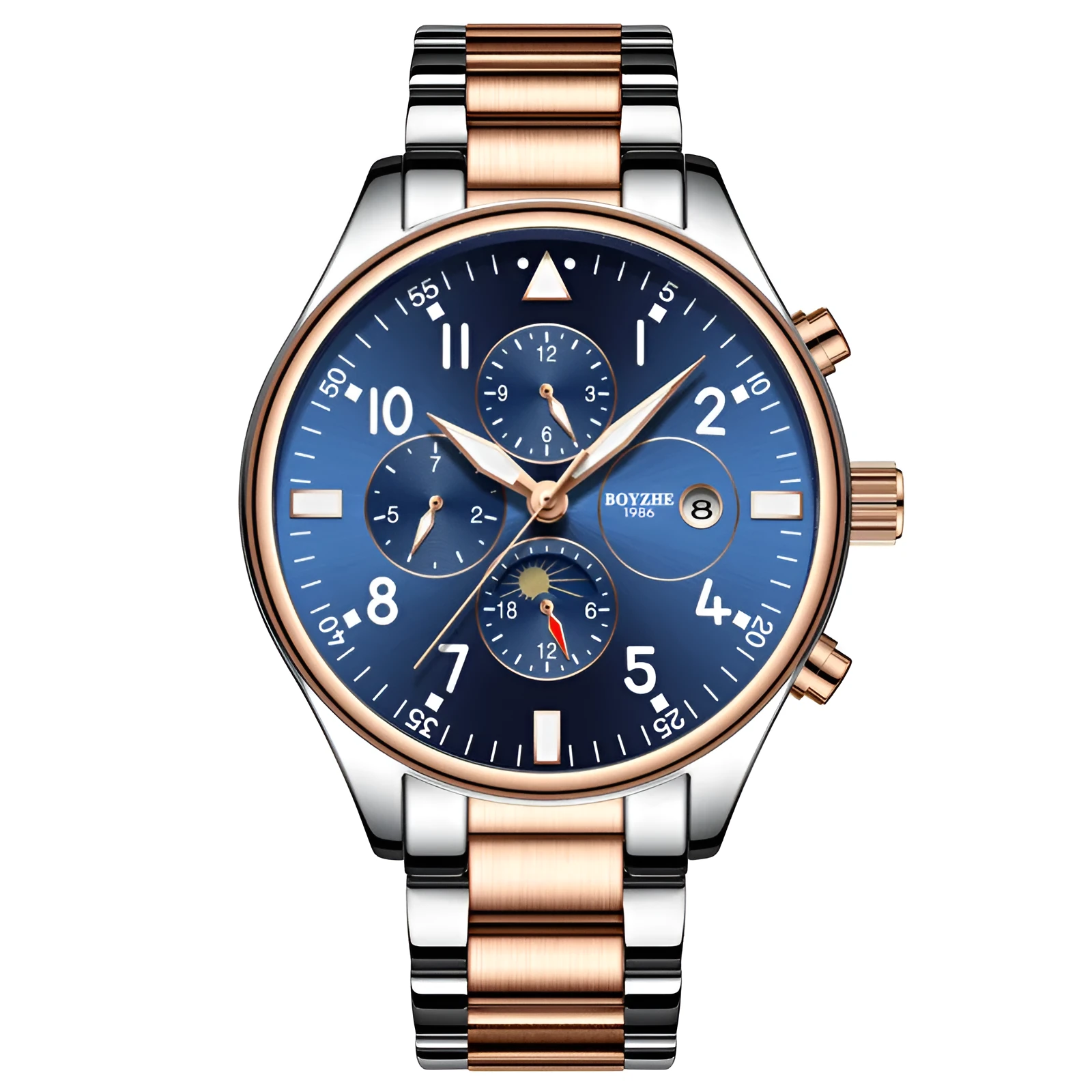 Automatic mechanical watch with steel belt, 40mm dial, butterfly double button clasp, rose gold blue colour