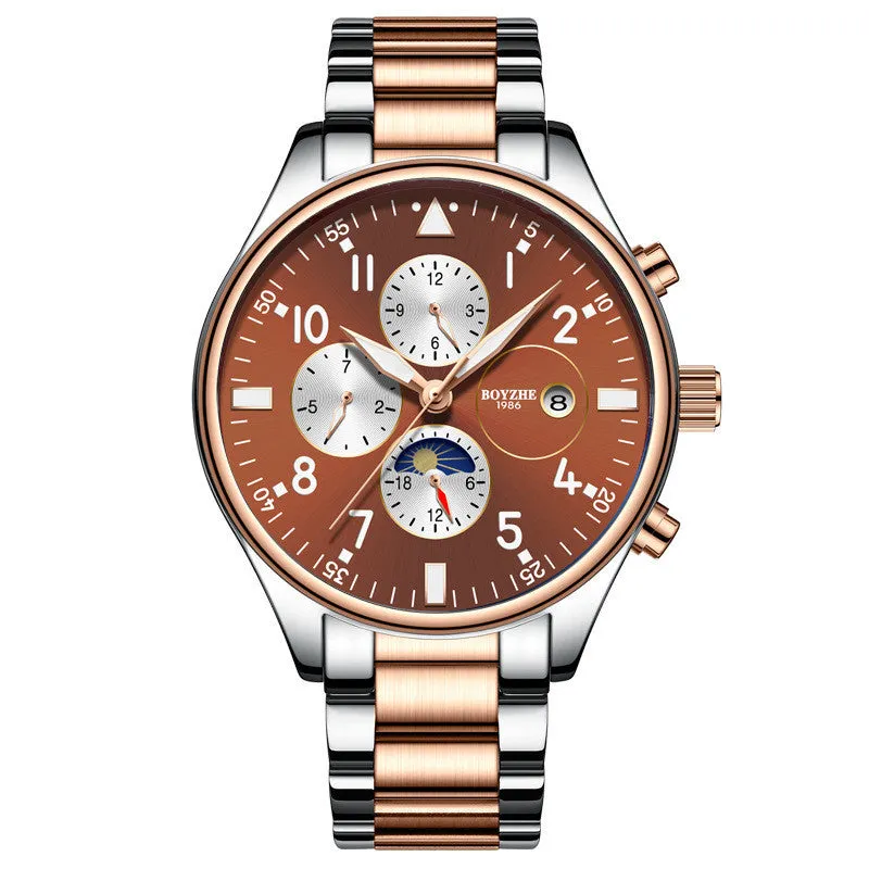 Automatic mechanical watch with steel belt, 40mm dial, butterfly double button clasp, rose gold blue colour