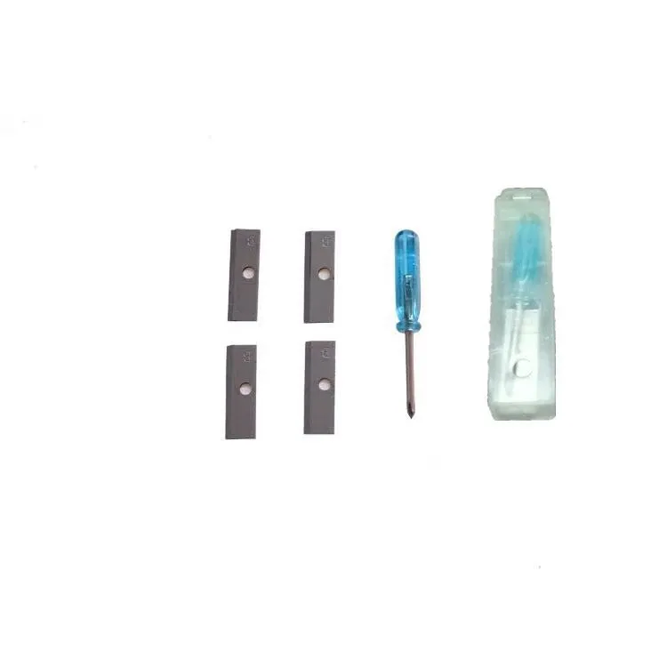 Four hole geometric pencil sharpener with plastic construction and maintenance screwdriver