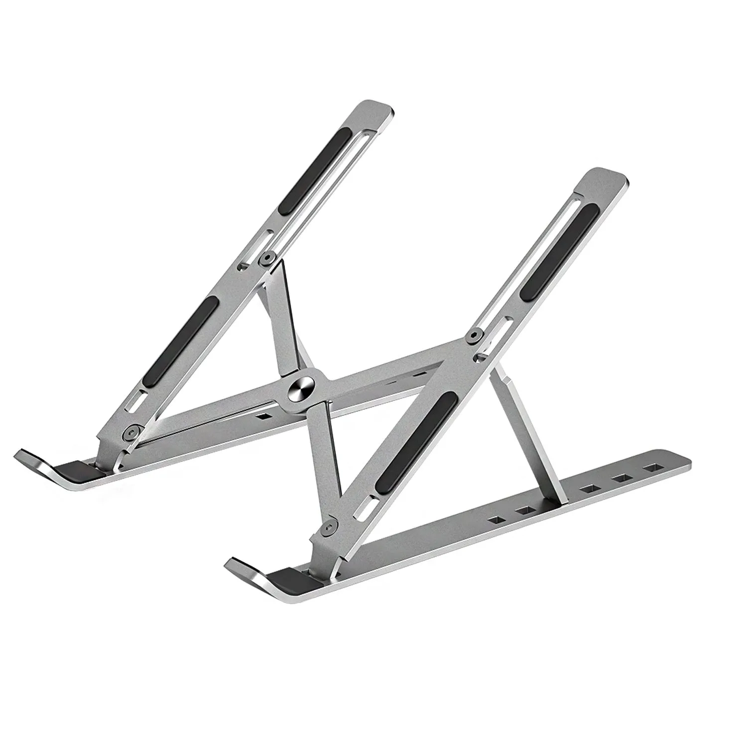 Aluminium alloy folding laptop heightening bracket in black on a desk with a notebook computer placed on top