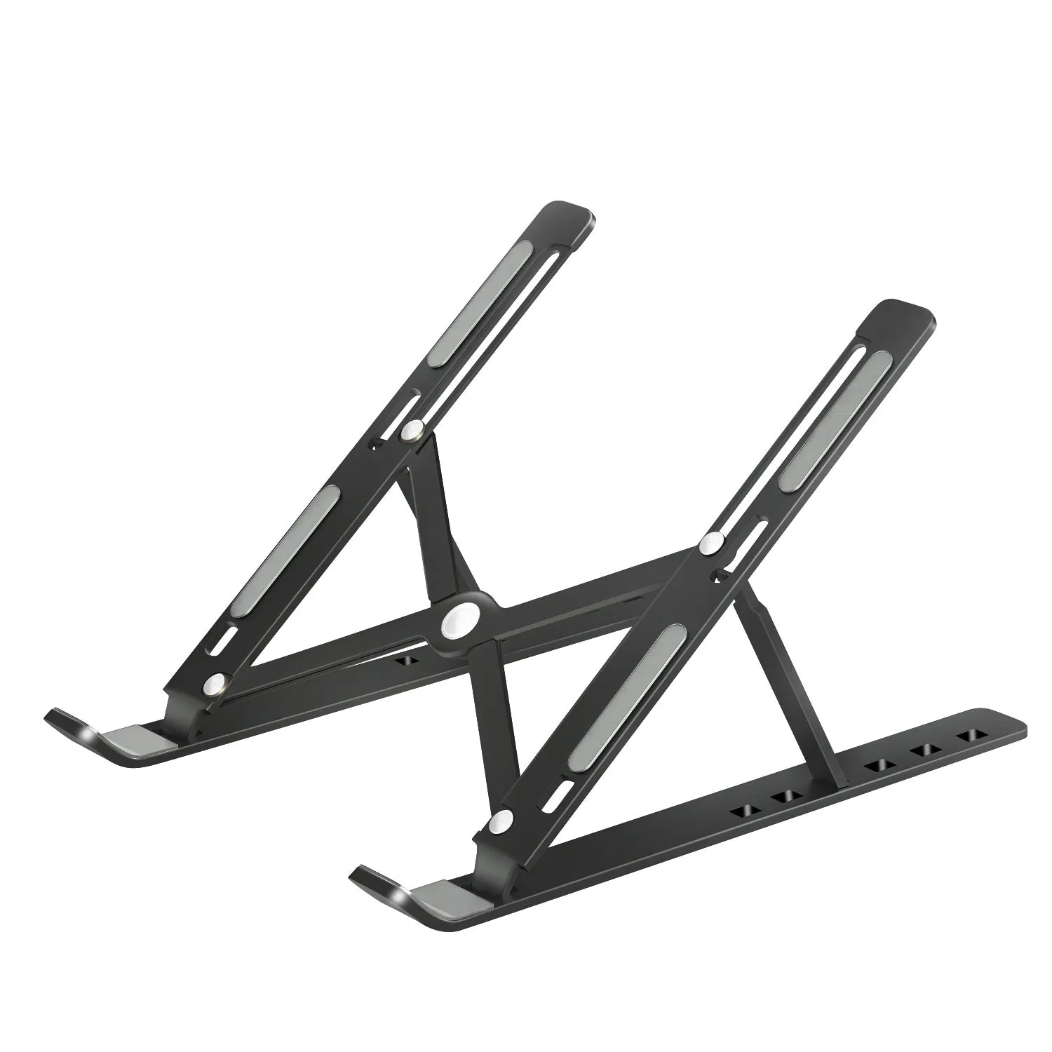 Aluminium alloy folding laptop heightening bracket in black on a desk with a notebook computer placed on top