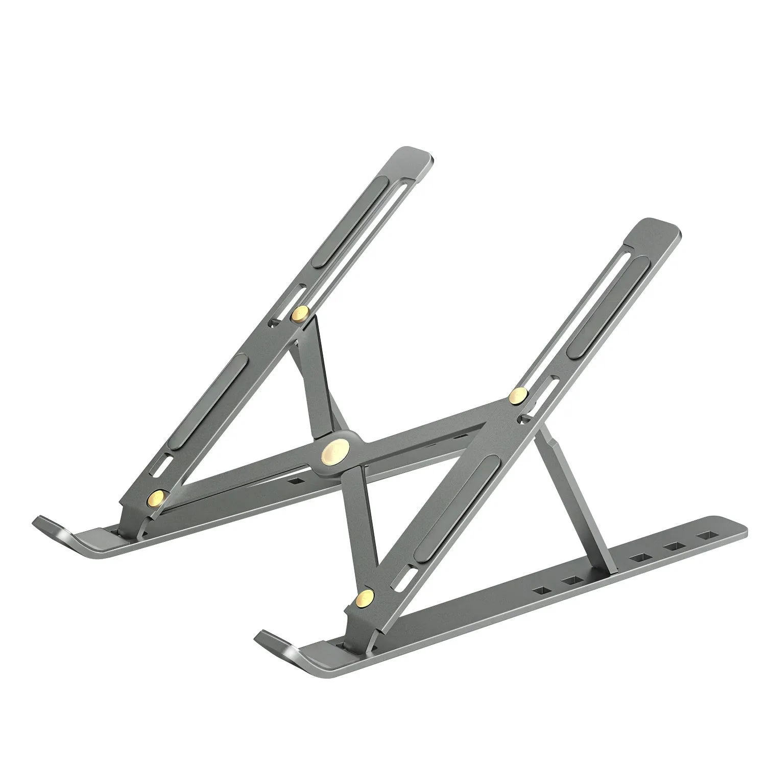 Aluminium alloy folding laptop heightening bracket in black on a desk with a notebook computer placed on top