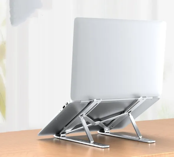 Aluminium alloy folding laptop heightening bracket in black on a desk with a notebook computer placed on top