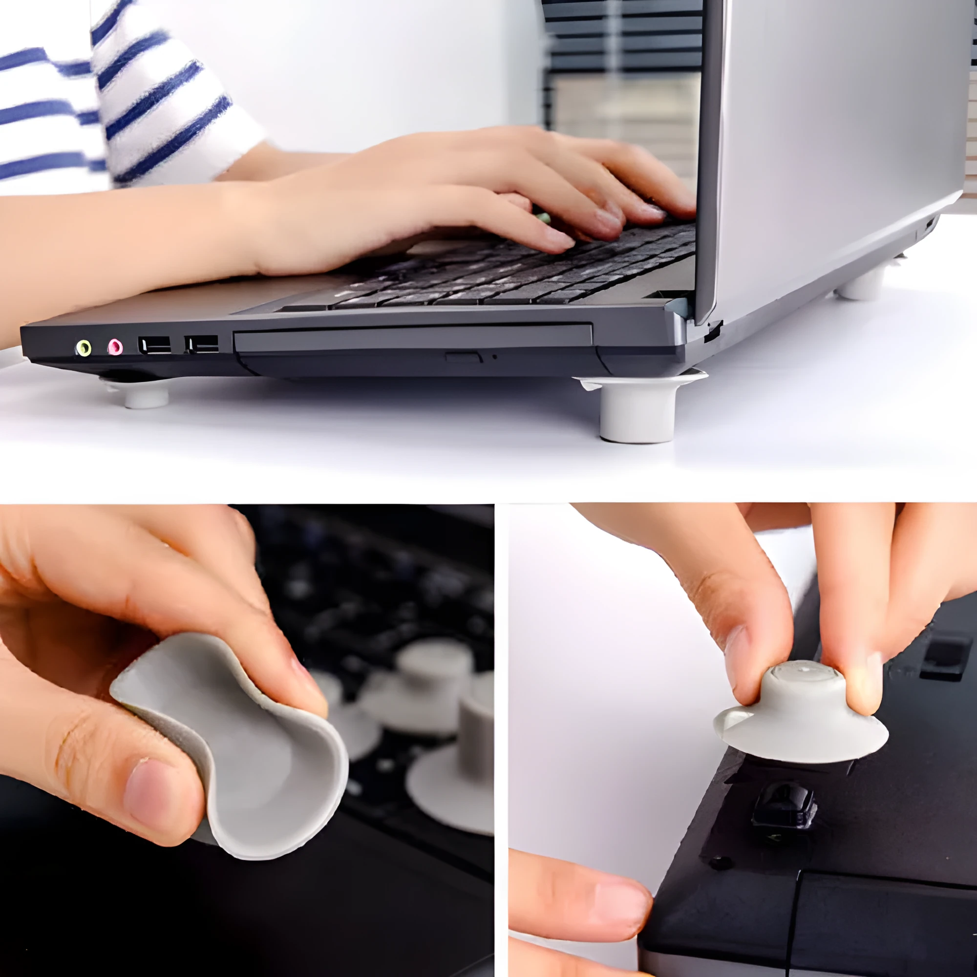Set of four grey plastic non-slip cooling pads for laptops, two large and two small.