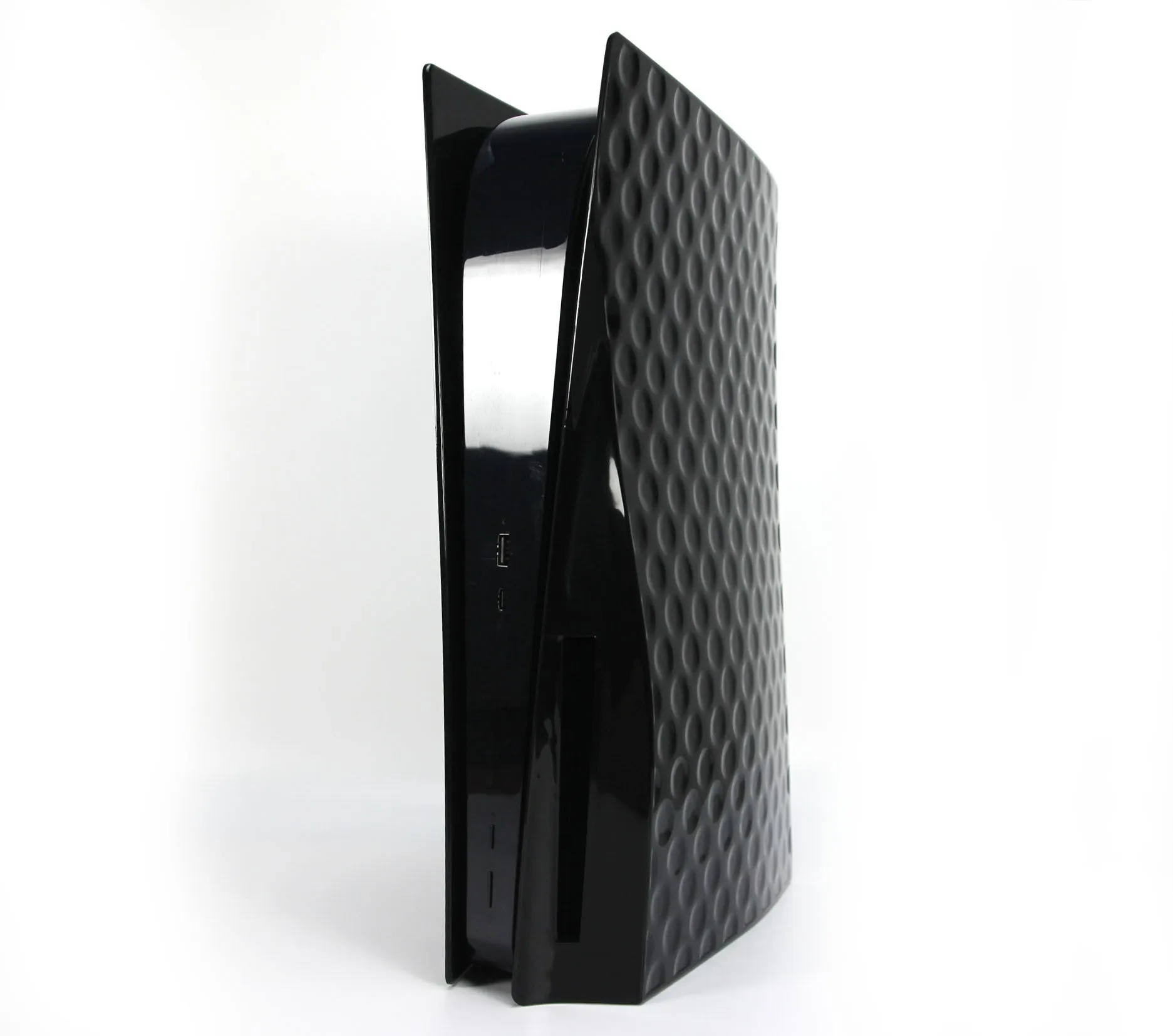 PS5 Disc Edition hard shell ABS console case in black, showing the protective cover fitted to the console