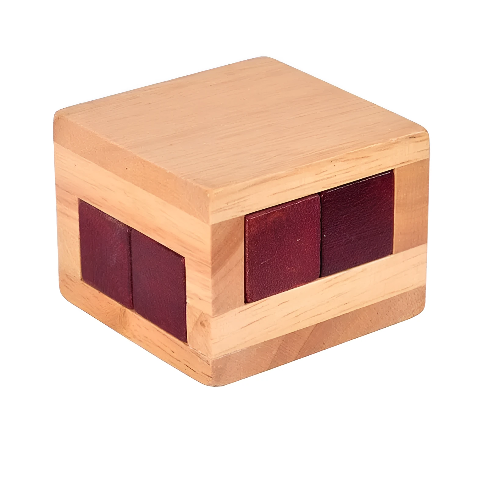 Wooden Kongming lock puzzle in Colour A, 7x7x5.5cm, on a table