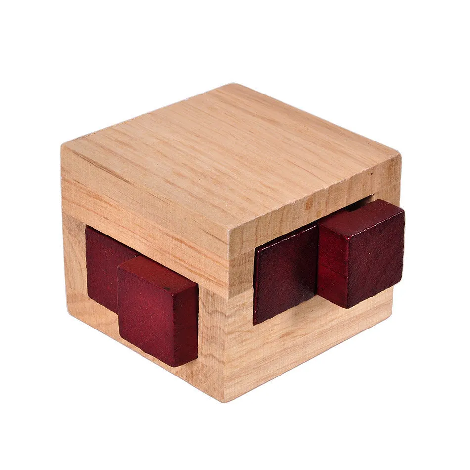 Wooden Kongming lock puzzle in Colour A, 7x7x5.5cm, on a table