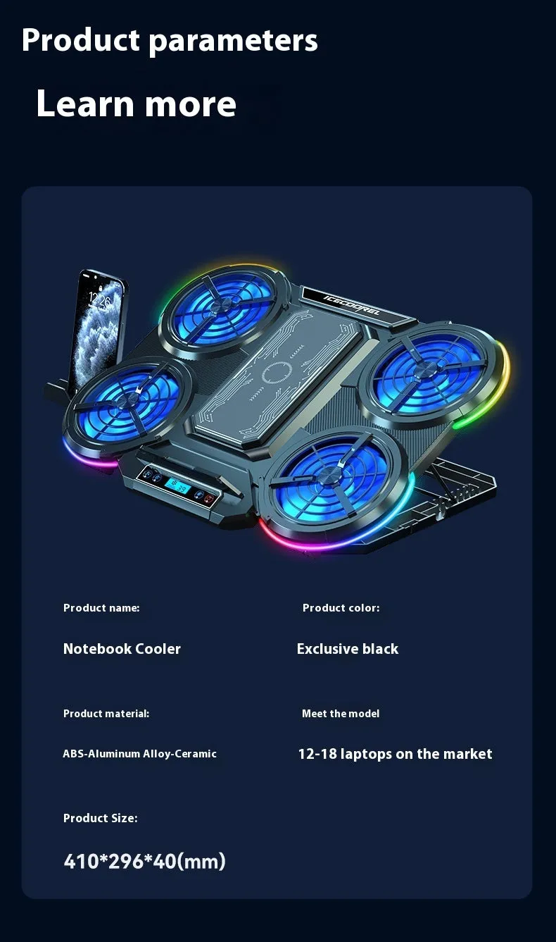 Notebook Play Speed 4-core laptop cooler in black with RGB lighting and blue light white leaf fan on a desk