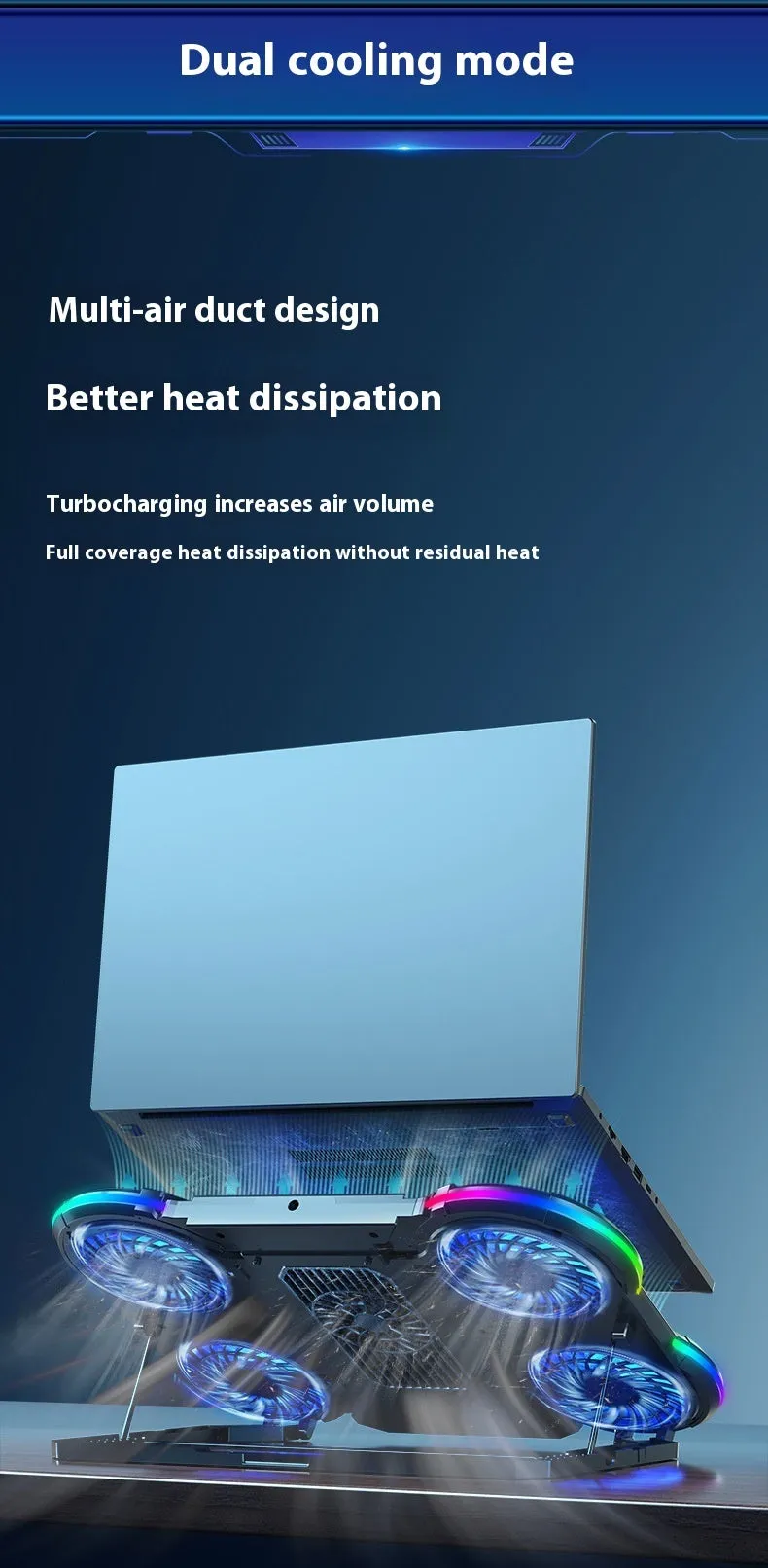 Notebook Play Speed 4-core laptop cooler in black with RGB lighting and blue light white leaf fan on a desk