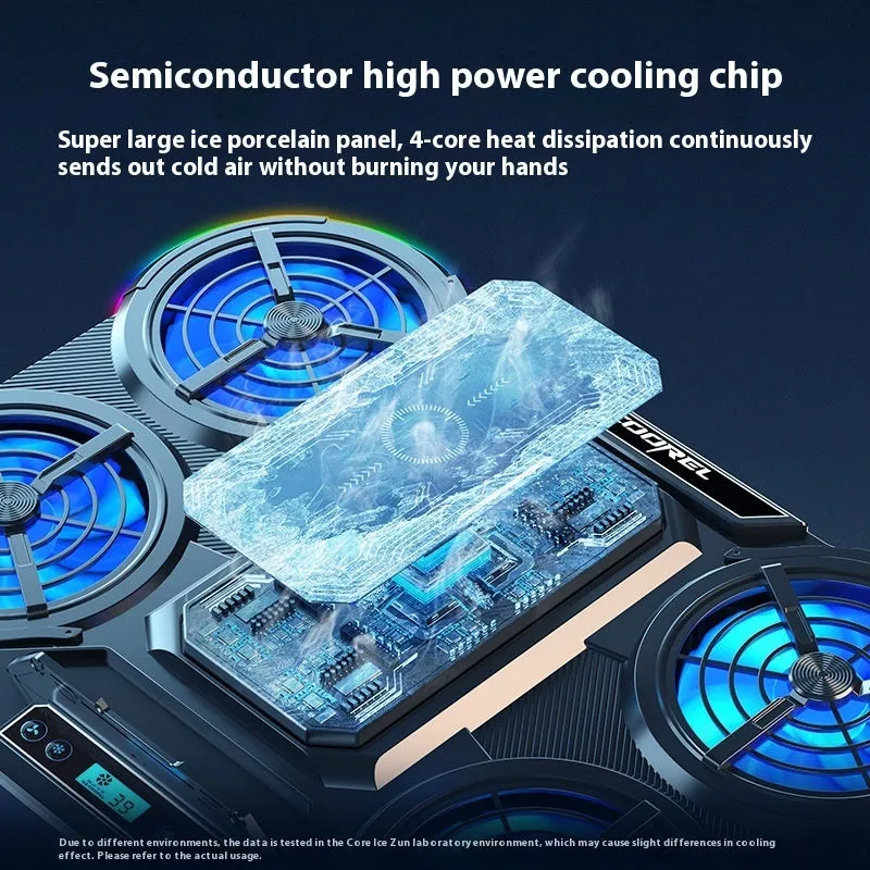 Notebook Play Speed 4-core laptop cooler in black with RGB lighting and blue light white leaf fan on a desk