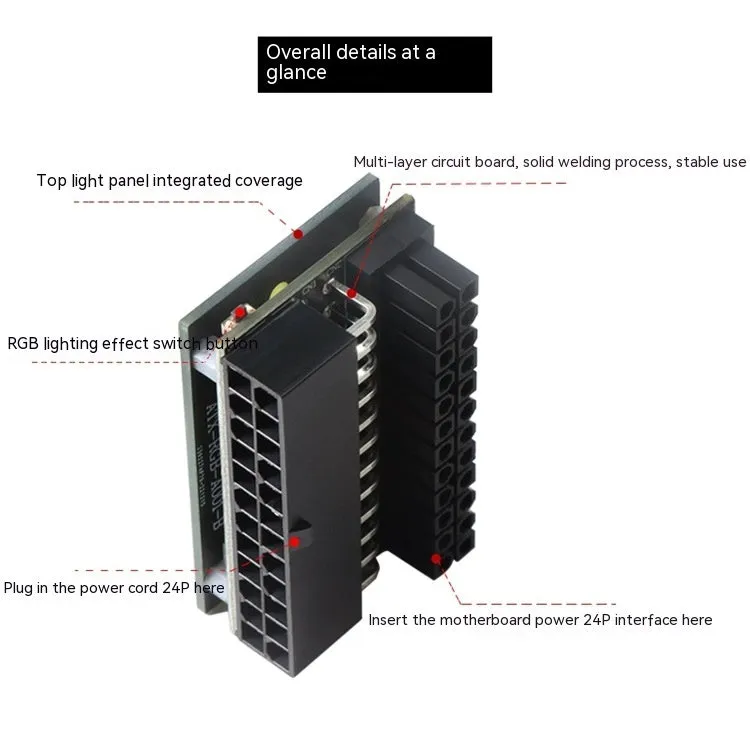 ATX 24Pin power supply cable with 90-degree steering elbow and RGB lighting effect for computer chassis