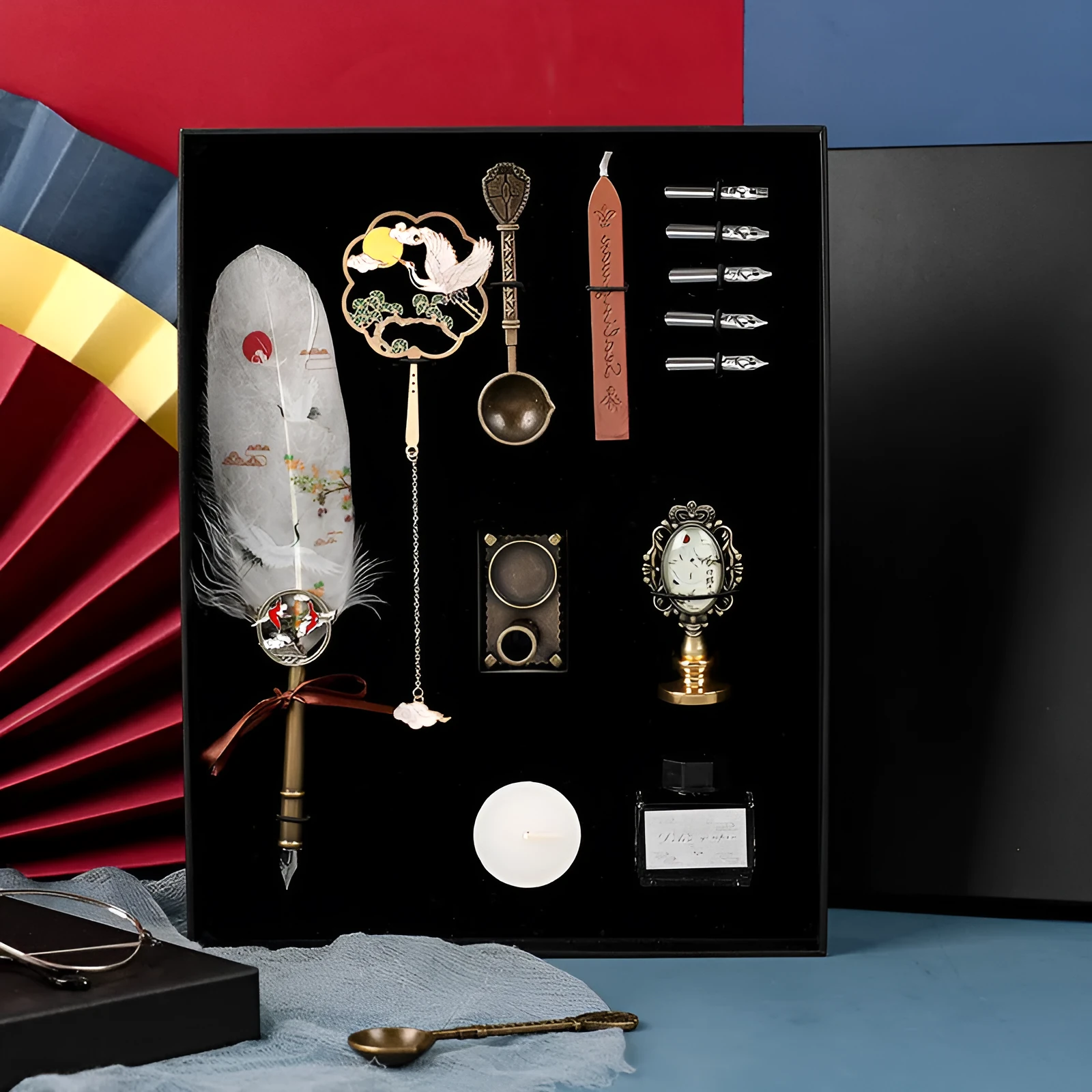 Calligraphy dip pen set with stainless steel nib and crane feather pen head in gift box