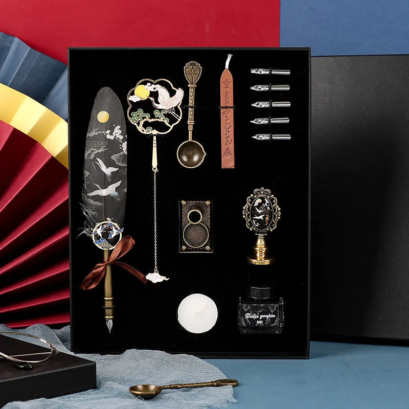 Calligraphy dip pen set with stainless steel nib and crane feather pen head in gift box