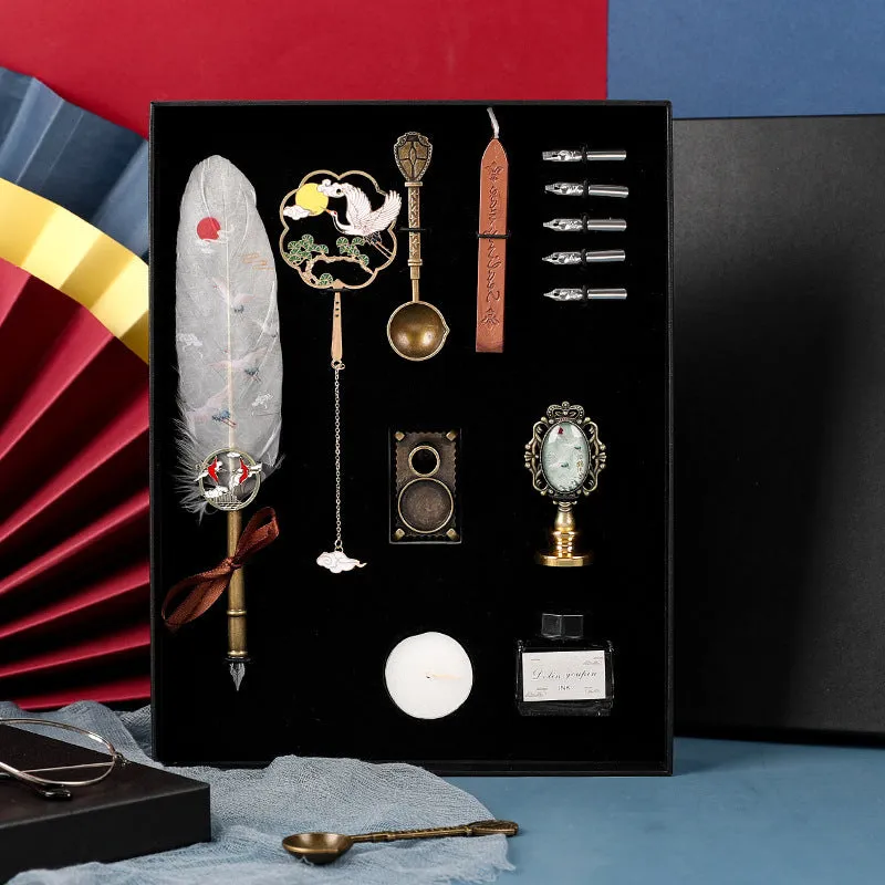 Calligraphy dip pen set with stainless steel nib and crane feather pen head in gift box
