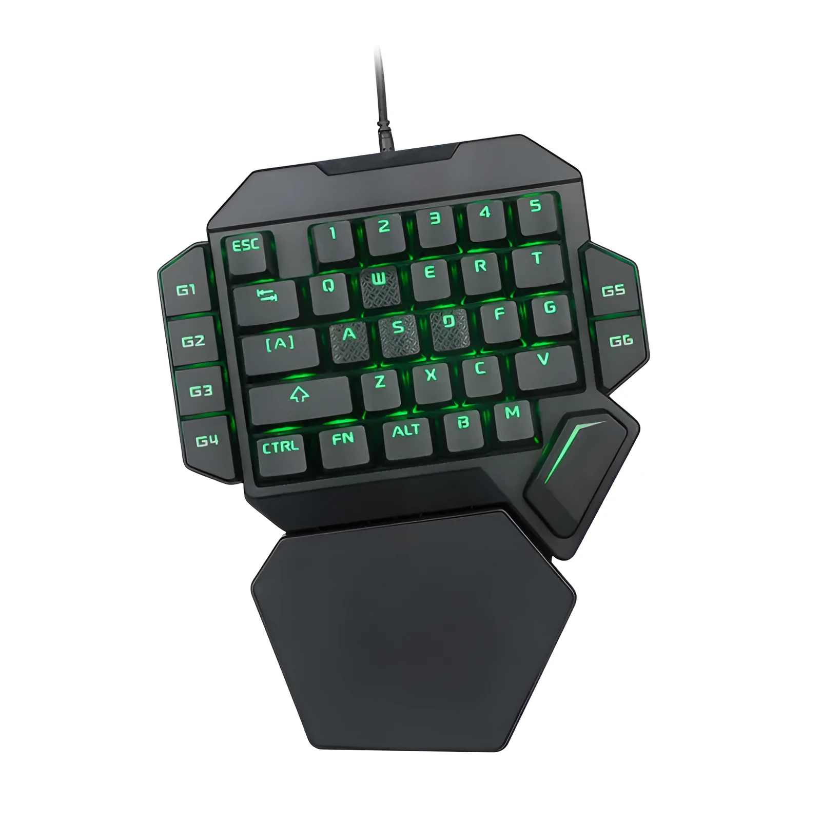 One-handed wired mechanical gaming keyboard with green axis switches, 35 keys, USB cable, and hand rest